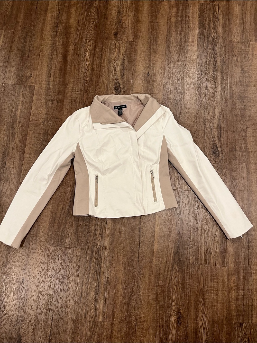 INC International Concepts Two-Tone Moto Jacket White Beige - Size Small